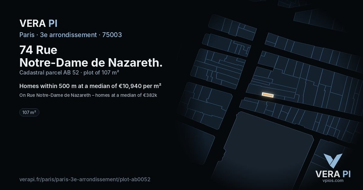 74 Rue Notre-Dame de Nazareth, 3e arrondissement at night – the plot lit, the parcels around coloured by the prices near them