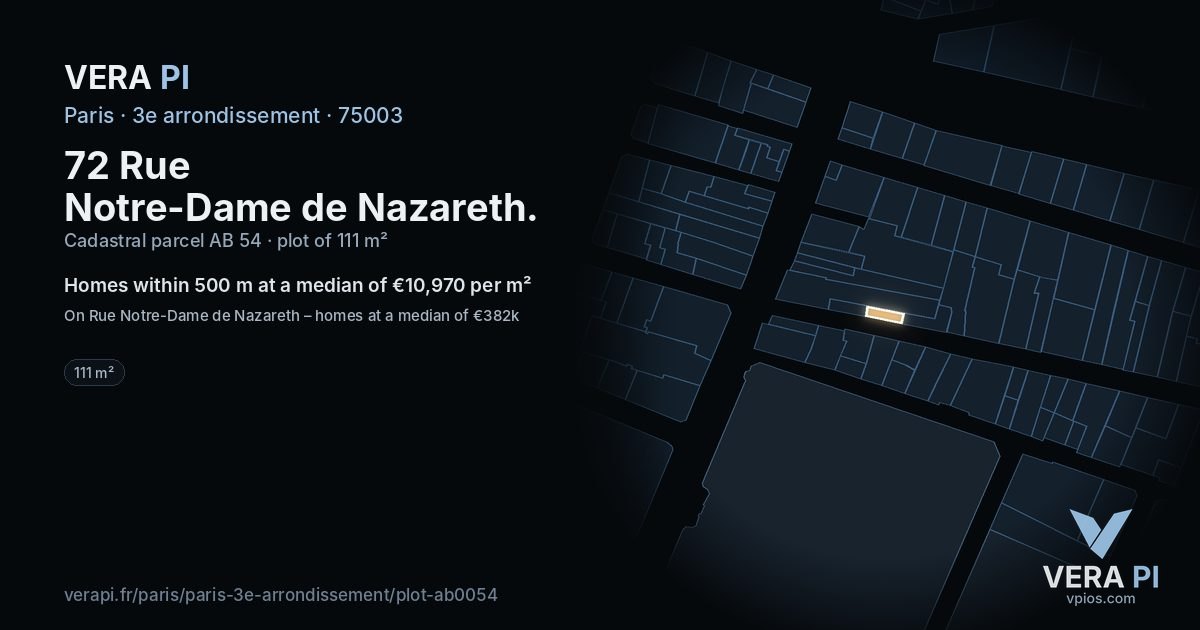 72 Rue Notre-Dame de Nazareth, 3e arrondissement at night – the plot lit, the parcels around coloured by the prices near them