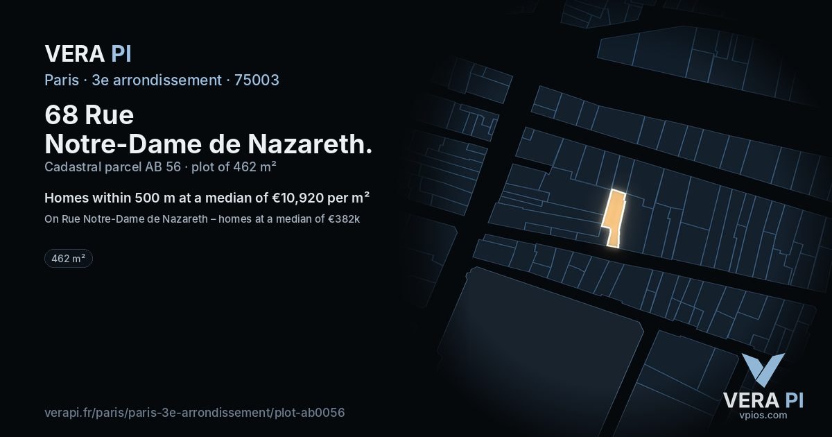 68 Rue Notre-Dame de Nazareth, 3e arrondissement at night – the plot lit, the parcels around coloured by the prices near them