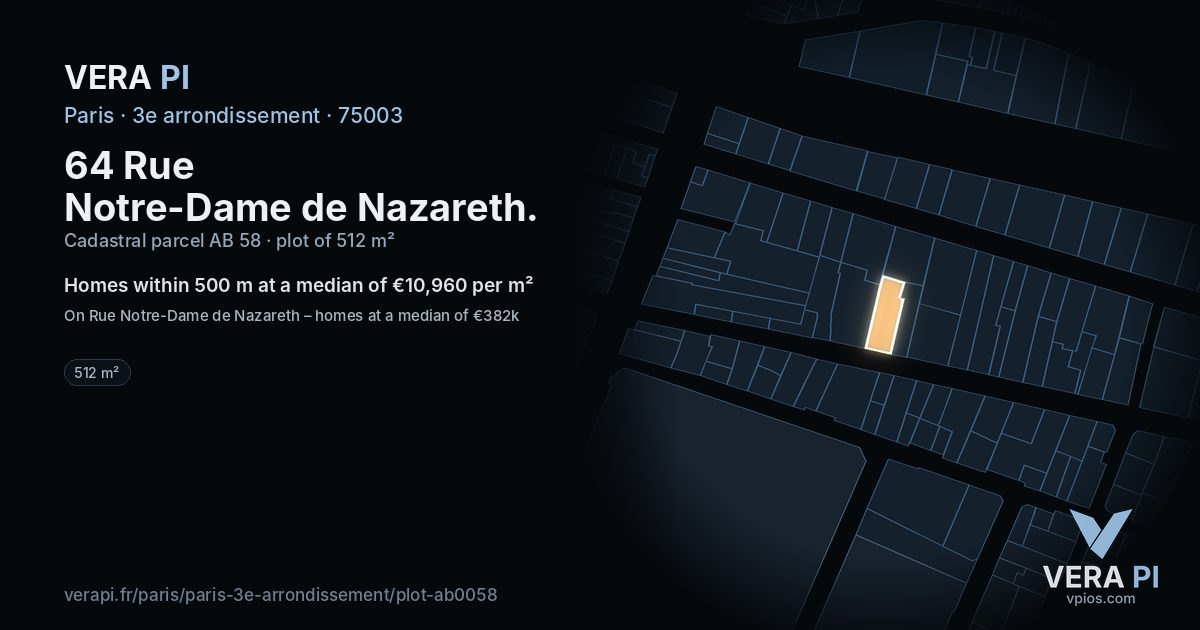 64 Rue Notre-Dame de Nazareth, 3e arrondissement at night – the plot lit, the parcels around coloured by the prices near them