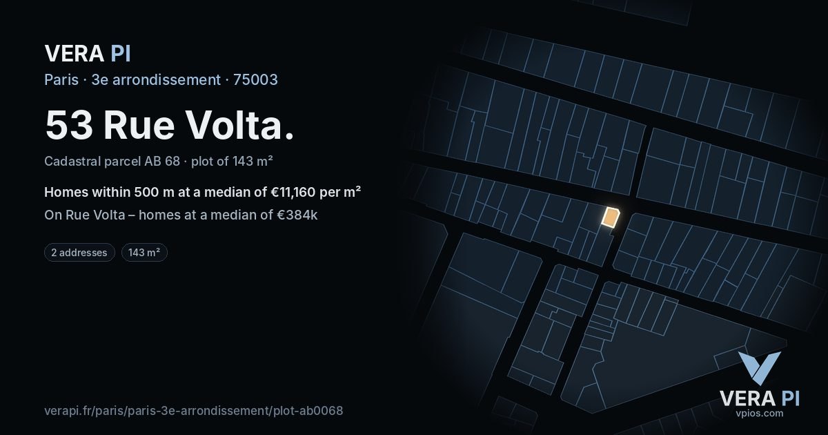 53 Rue Volta, 3e arrondissement at night – the plot lit, the parcels around coloured by the prices near them