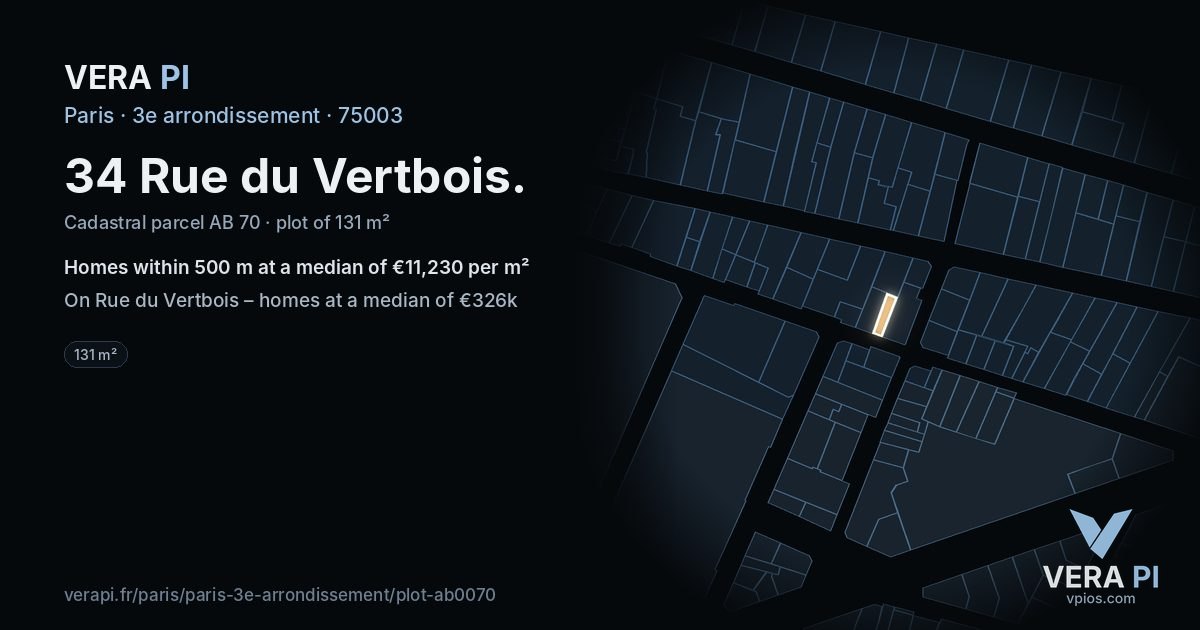 34 Rue du Vertbois, 3e arrondissement at night – the plot lit, the parcels around coloured by the prices near them