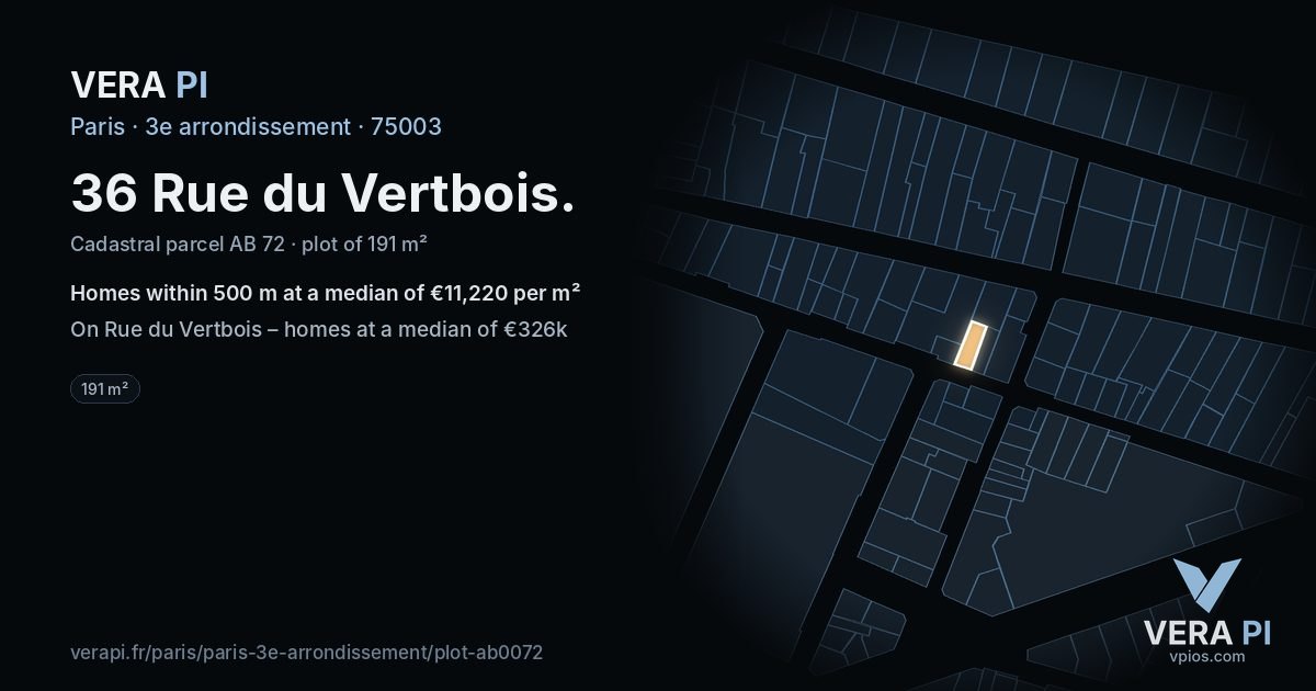 36 Rue du Vertbois, 3e arrondissement at night – the plot lit, the parcels around coloured by the prices near them