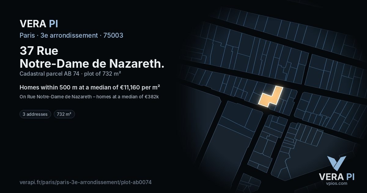 37 Rue Notre-Dame de Nazareth, 3e arrondissement at night – the plot lit, the parcels around coloured by the prices near them
