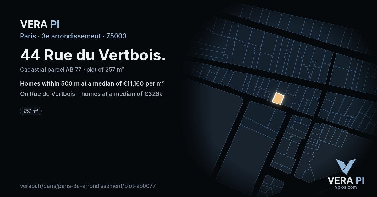 44 Rue du Vertbois, 3e arrondissement at night – the plot lit, the parcels around coloured by the prices near them