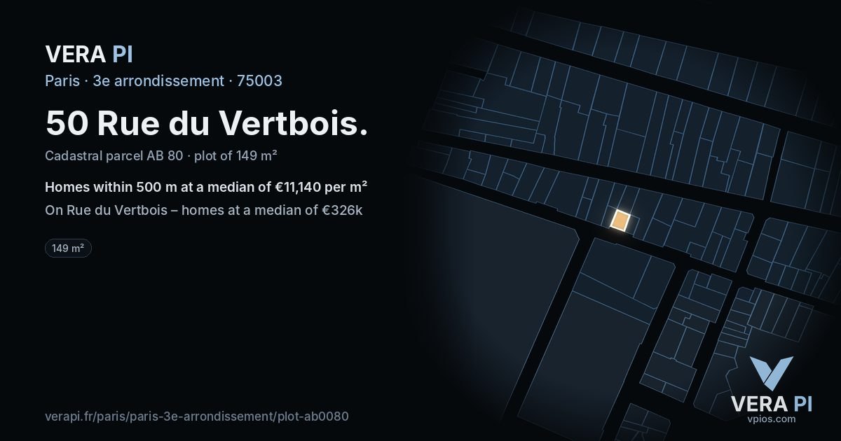 50 Rue du Vertbois, 3e arrondissement at night – the plot lit, the parcels around coloured by the prices near them