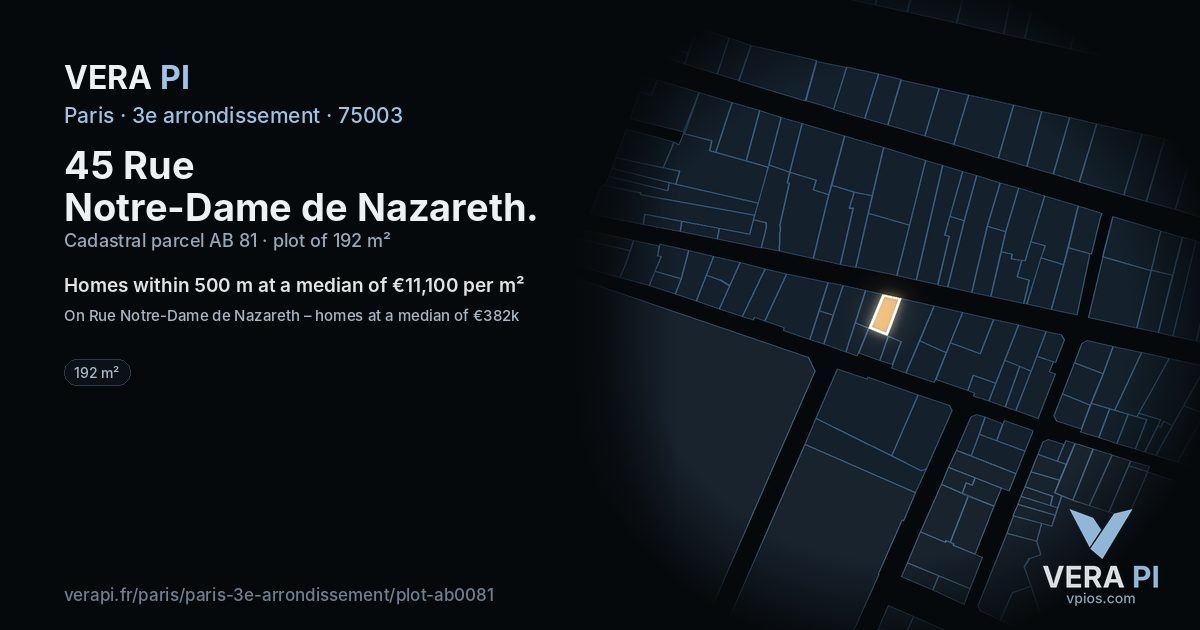 45 Rue Notre-Dame de Nazareth, 3e arrondissement at night – the plot lit, the parcels around coloured by the prices near them