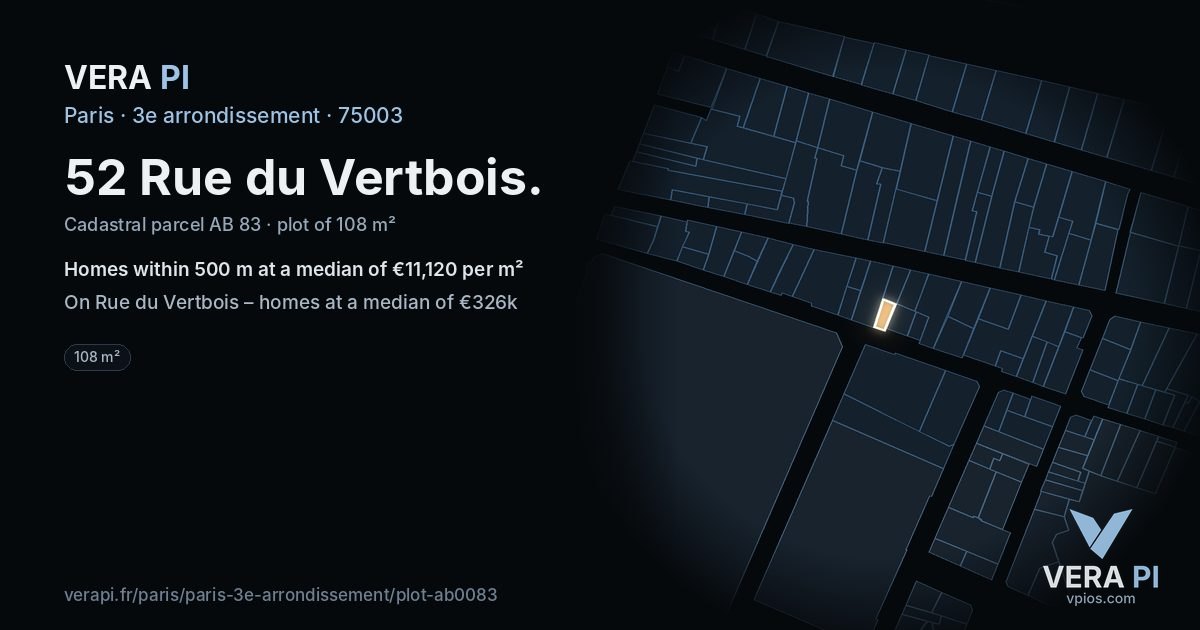 52 Rue du Vertbois, 3e arrondissement at night – the plot lit, the parcels around coloured by the prices near them