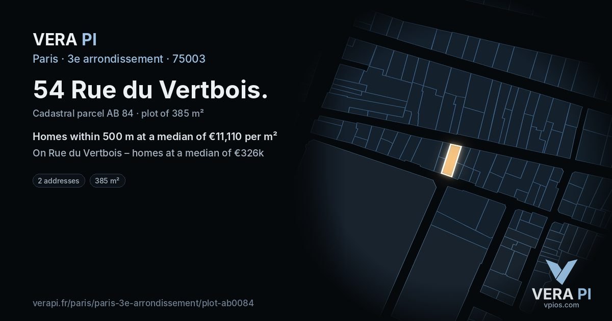 54 Rue du Vertbois, 3e arrondissement at night – the plot lit, the parcels around coloured by the prices near them