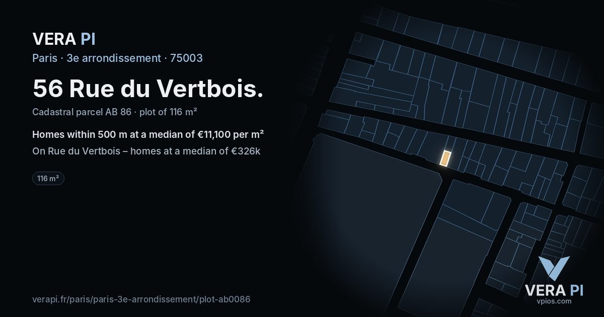 56 Rue du Vertbois, 3e arrondissement at night – the plot lit, the parcels around coloured by the prices near them