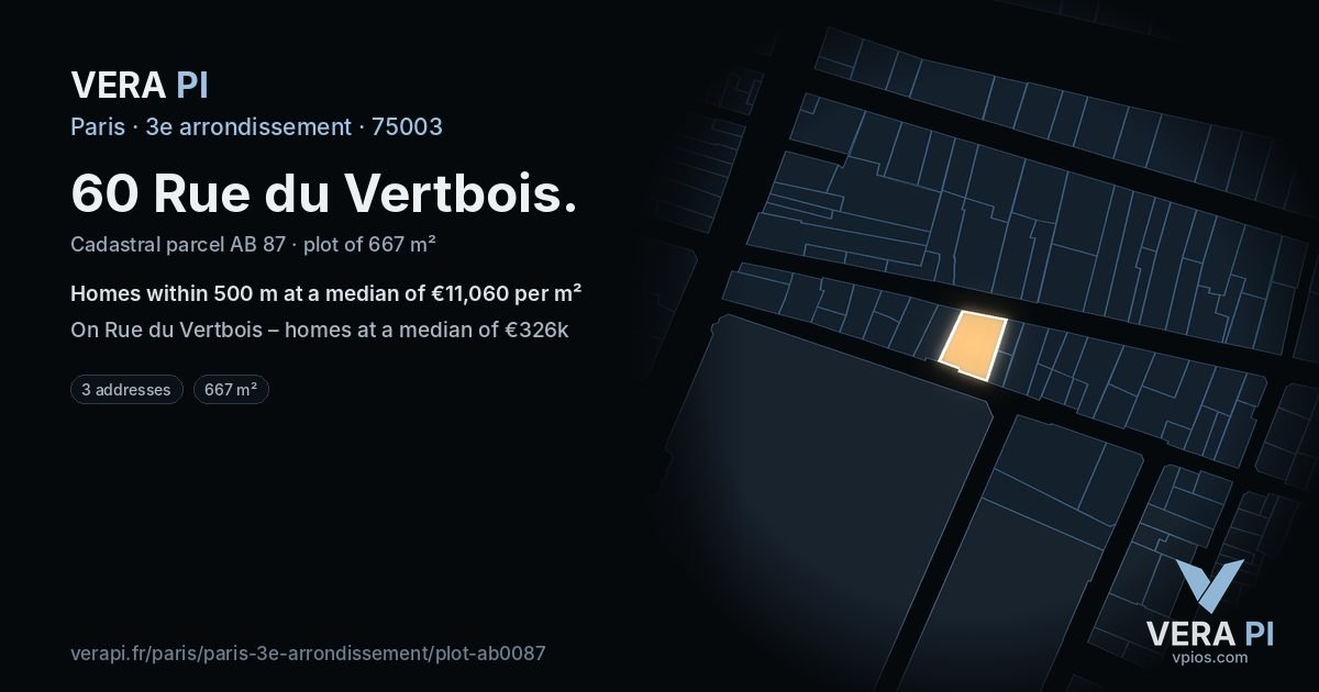 60 Rue du Vertbois, 3e arrondissement at night – the plot lit, the parcels around coloured by the prices near them