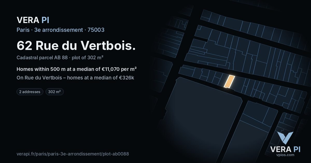 62 Rue du Vertbois, 3e arrondissement at night – the plot lit, the parcels around coloured by the prices near them