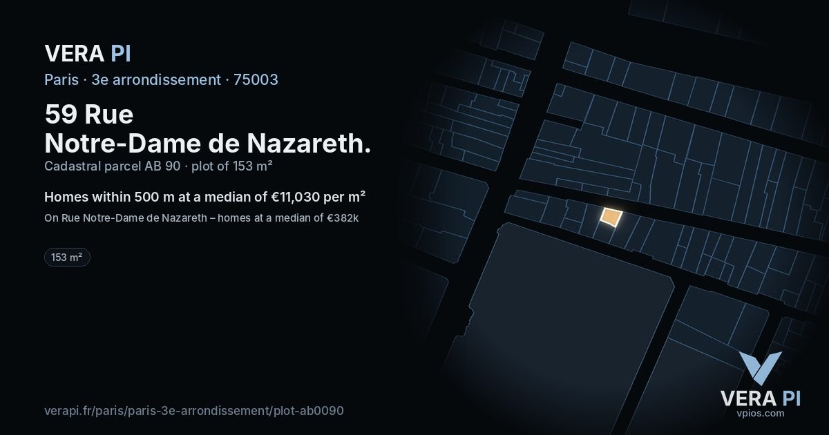 59 Rue Notre-Dame de Nazareth, 3e arrondissement at night – the plot lit, the parcels around coloured by the prices near them
