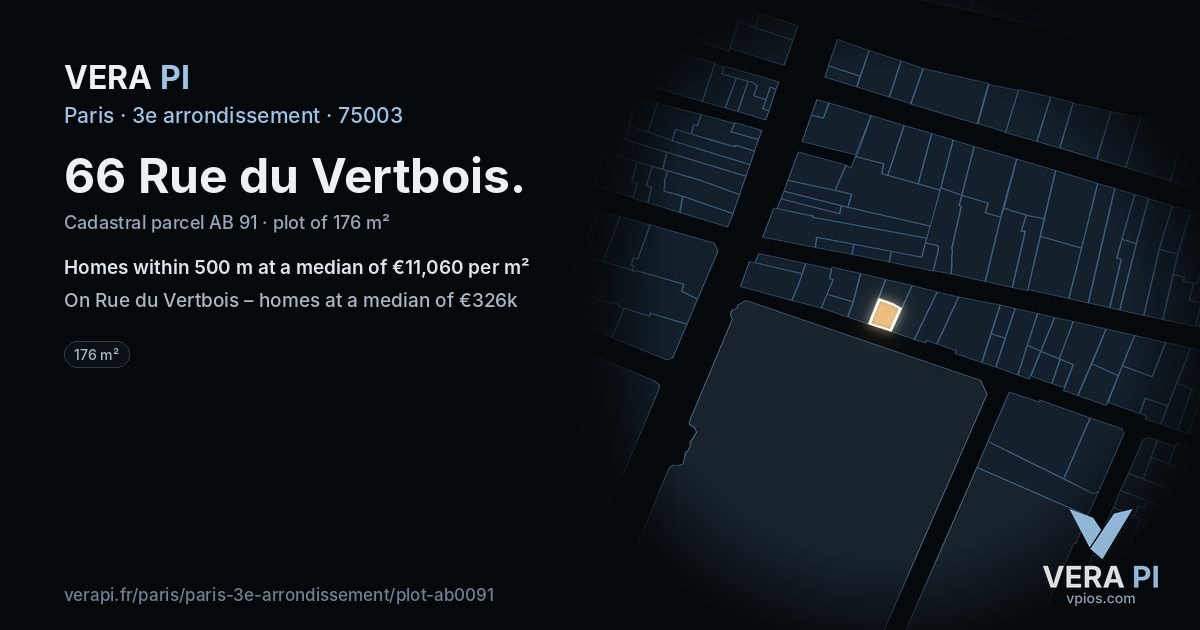 66 Rue du Vertbois, 3e arrondissement at night – the plot lit, the parcels around coloured by the prices near them