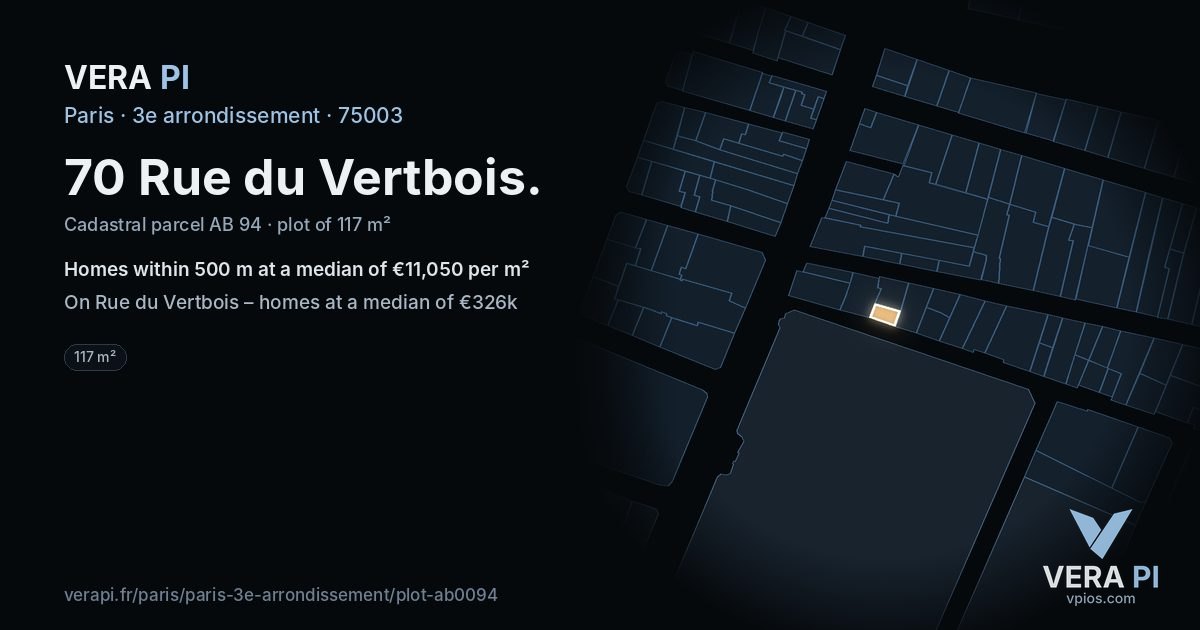 70 Rue du Vertbois, 3e arrondissement at night – the plot lit, the parcels around coloured by the prices near them