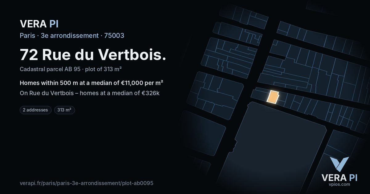 72 Rue du Vertbois, 3e arrondissement at night – the plot lit, the parcels around coloured by the prices near them