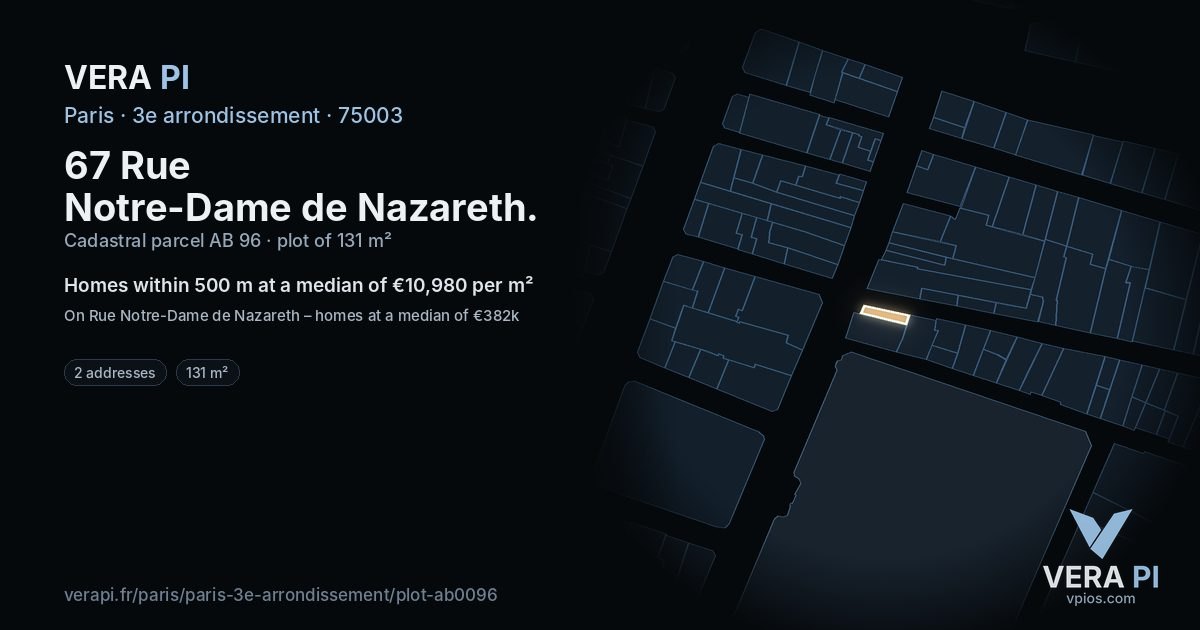 67 Rue Notre-Dame de Nazareth, 3e arrondissement at night – the plot lit, the parcels around coloured by the prices near them