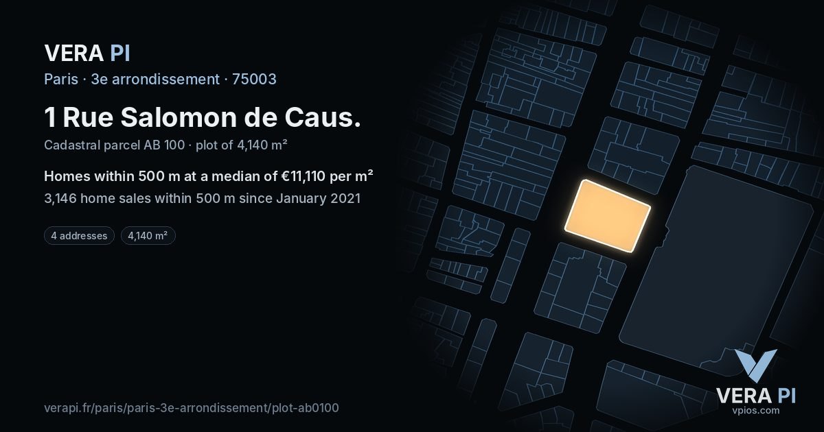 1 Rue Salomon de Caus, 3e arrondissement at night – the plot lit, the parcels around coloured by the prices near them