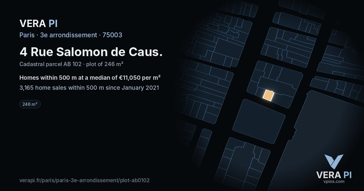 4 Rue Salomon de Caus, 3e arrondissement at night – the plot lit, the parcels around coloured by the prices near them