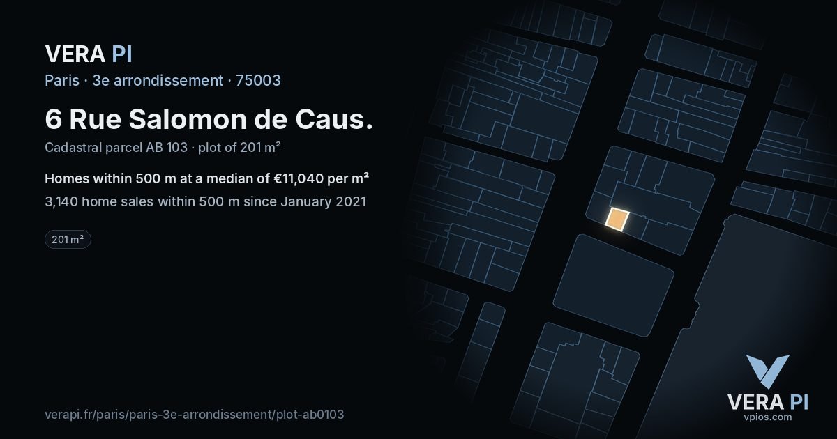 6 Rue Salomon de Caus, 3e arrondissement at night – the plot lit, the parcels around coloured by the prices near them