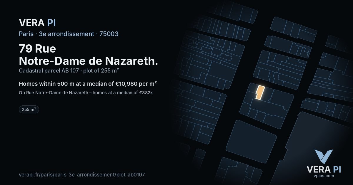 79 Rue Notre-Dame de Nazareth, 3e arrondissement at night – the plot lit, the parcels around coloured by the prices near them