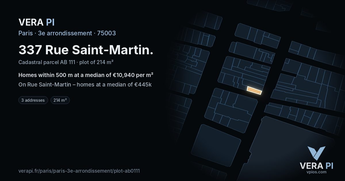 337 Rue Saint-Martin, 3e arrondissement at night – the plot lit, the parcels around coloured by the prices near them