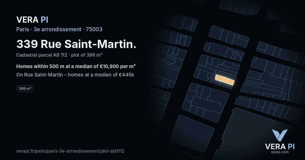 339 Rue Saint-Martin, 3e arrondissement at night – the plot lit, the parcels around coloured by the prices near them