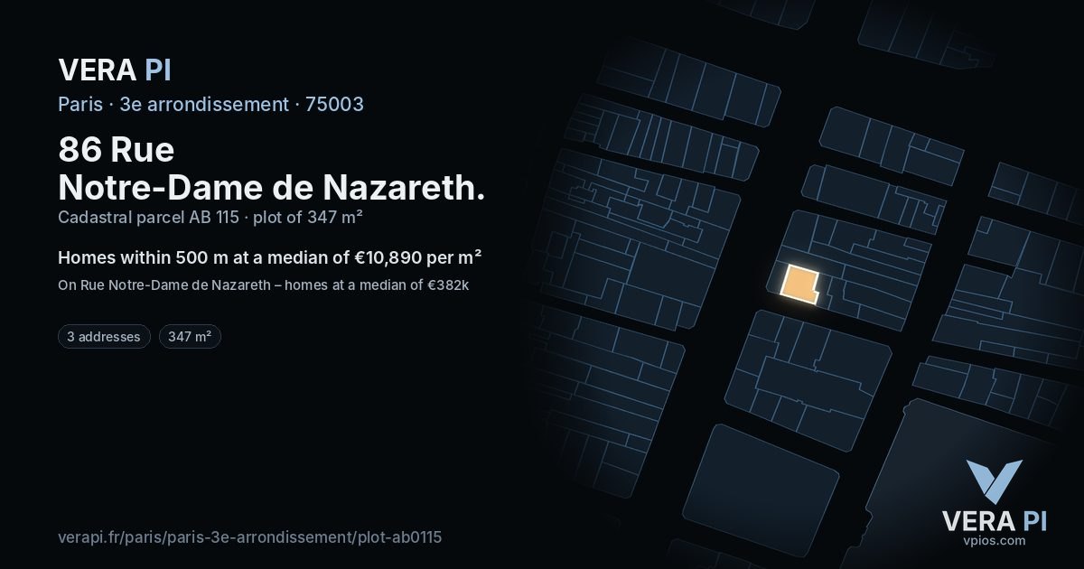 86 Rue Notre-Dame de Nazareth, 3e arrondissement at night – the plot lit, the parcels around coloured by the prices near them