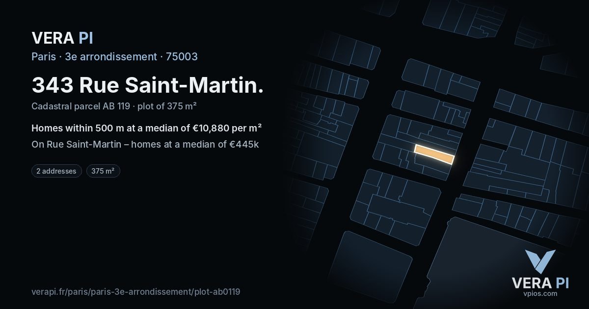 343 Rue Saint-Martin, 3e arrondissement at night – the plot lit, the parcels around coloured by the prices near them