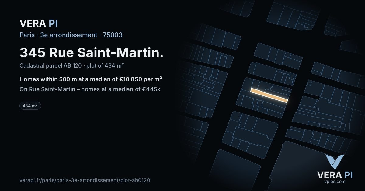 345 Rue Saint-Martin, 3e arrondissement at night – the plot lit, the parcels around coloured by the prices near them