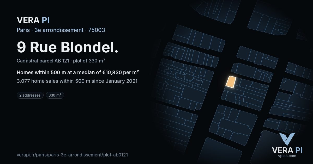 9 Rue Blondel, 3e arrondissement at night – the plot lit, the parcels around coloured by the prices near them