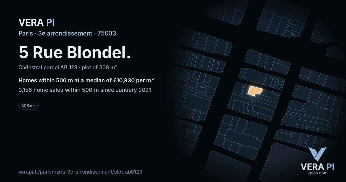 5 Rue Blondel, 3e arrondissement at night – the plot lit, the parcels around coloured by the prices near them