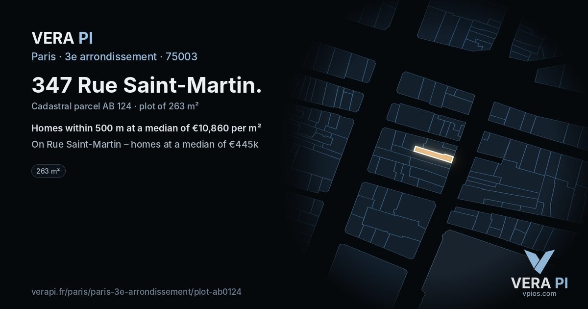 347 Rue Saint-Martin, 3e arrondissement at night – the plot lit, the parcels around coloured by the prices near them