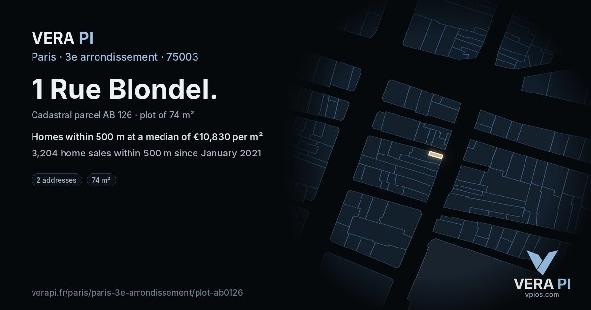 1 Rue Blondel, 3e arrondissement at night – the plot lit, the parcels around coloured by the prices near them