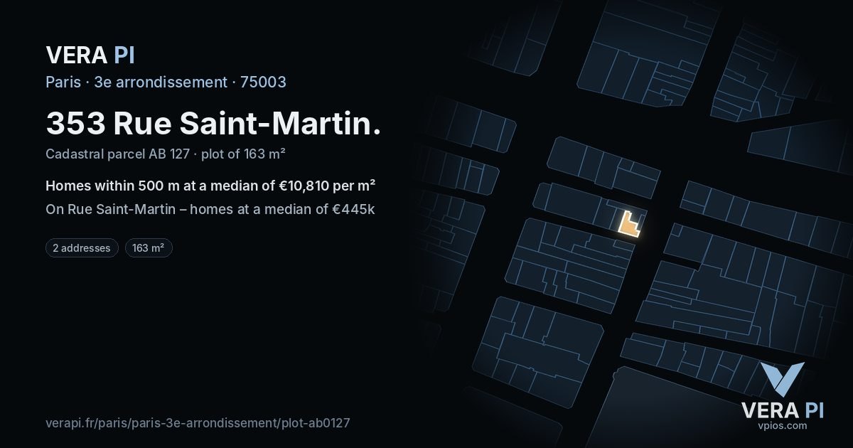 353 Rue Saint-Martin, 3e arrondissement at night – the plot lit, the parcels around coloured by the prices near them