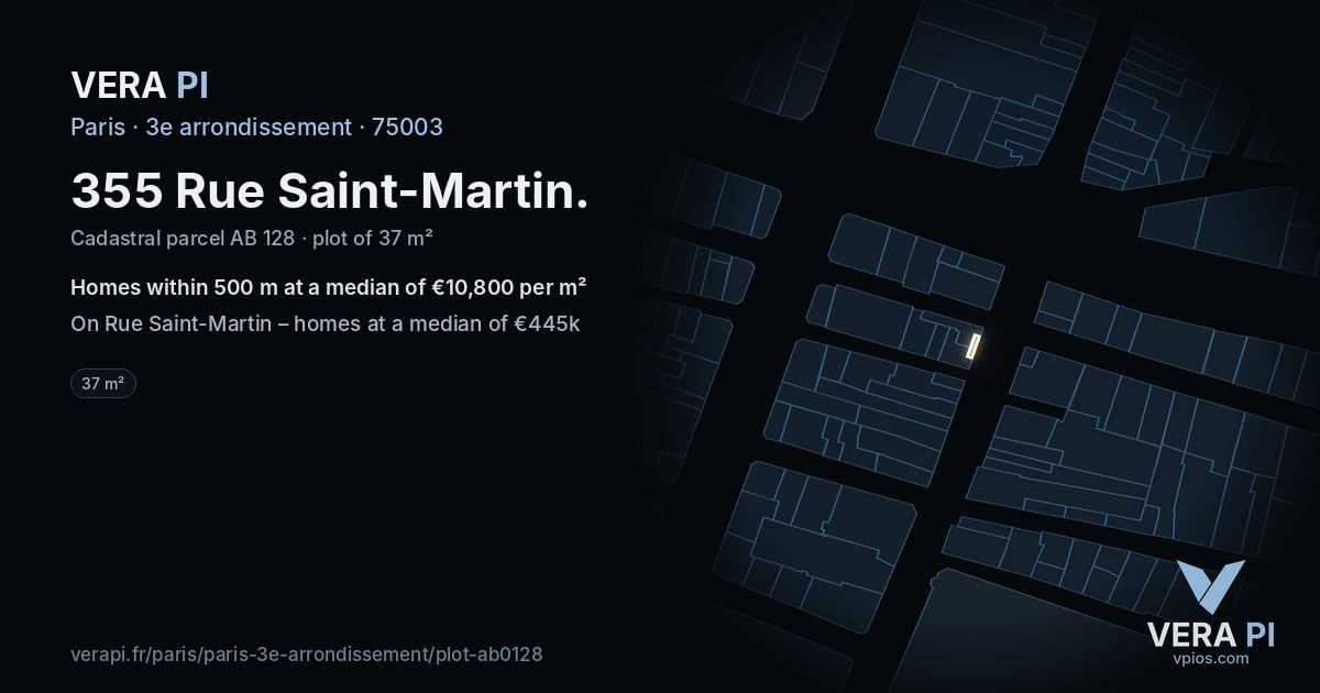 355 Rue Saint-Martin, 3e arrondissement at night – the plot lit, the parcels around coloured by the prices near them