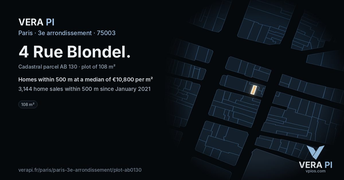 4 Rue Blondel, 3e arrondissement at night – the plot lit, the parcels around coloured by the prices near them
