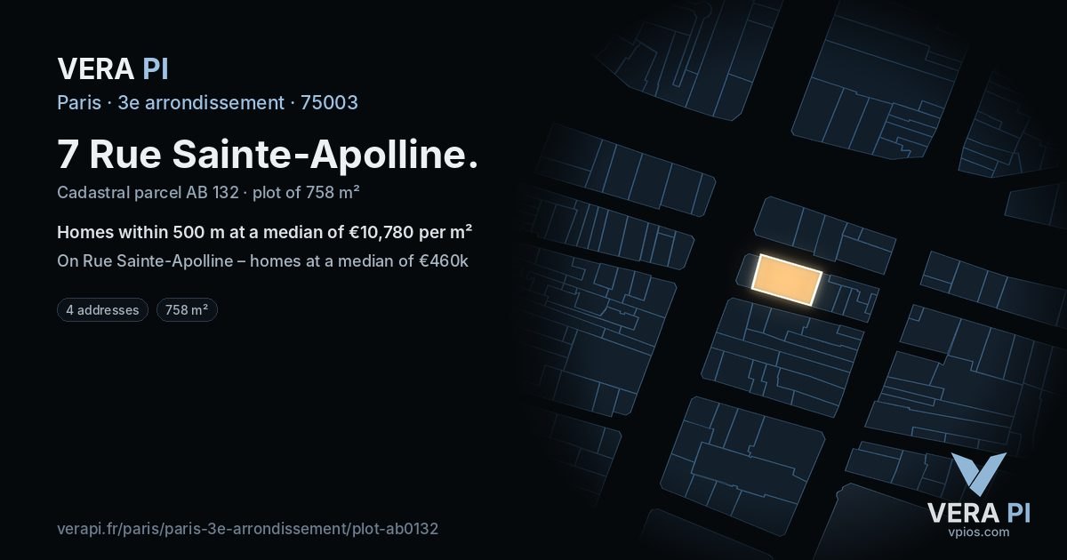 7 Rue Sainte-Apolline, 3e arrondissement at night – the plot lit, the parcels around coloured by the prices near them