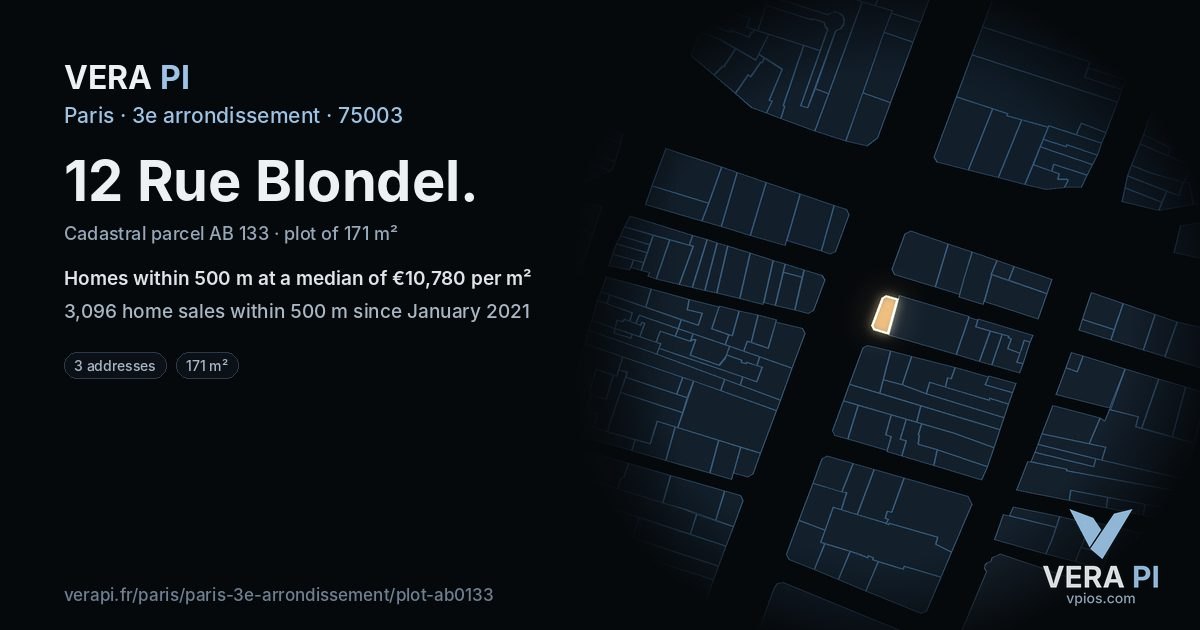 12 Rue Blondel, 3e arrondissement at night – the plot lit, the parcels around coloured by the prices near them