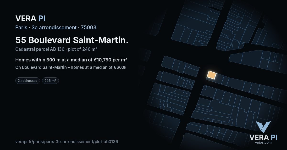 55 Boulevard Saint-Martin, 3e arrondissement at night – the plot lit, the parcels around coloured by the prices near them