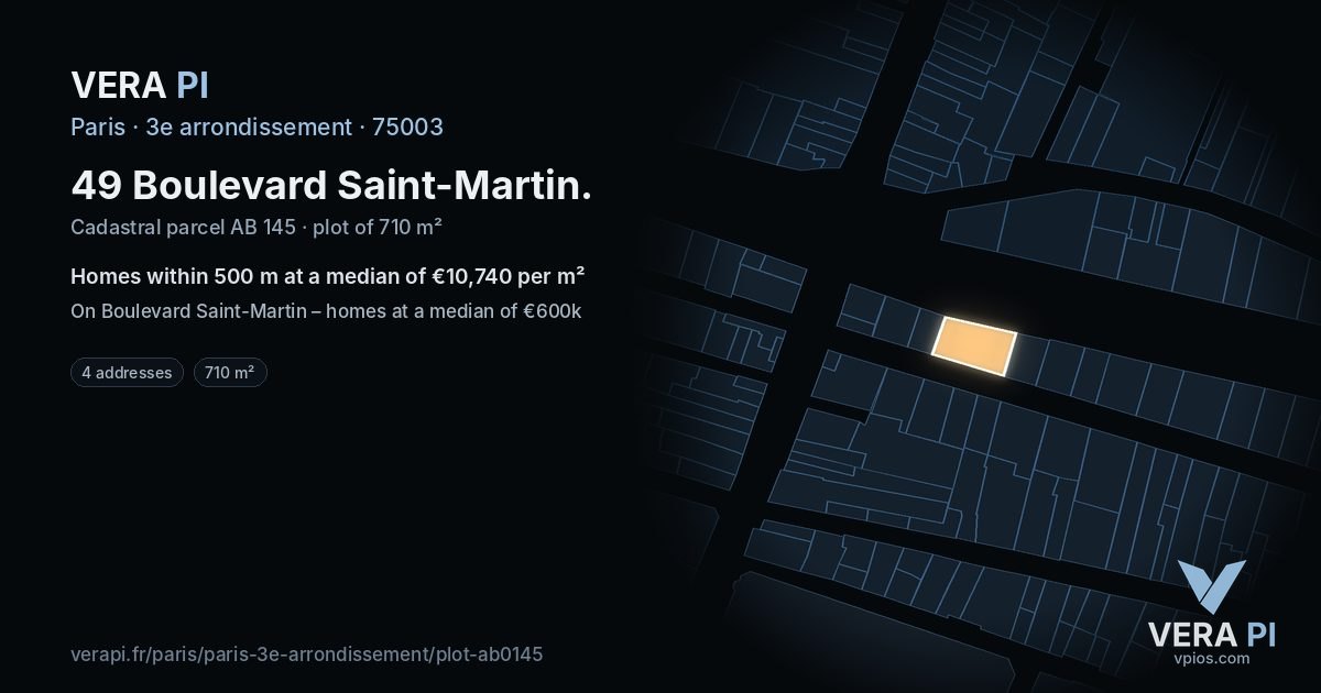 49 Boulevard Saint-Martin, 3e arrondissement at night – the plot lit, the parcels around coloured by the prices near them