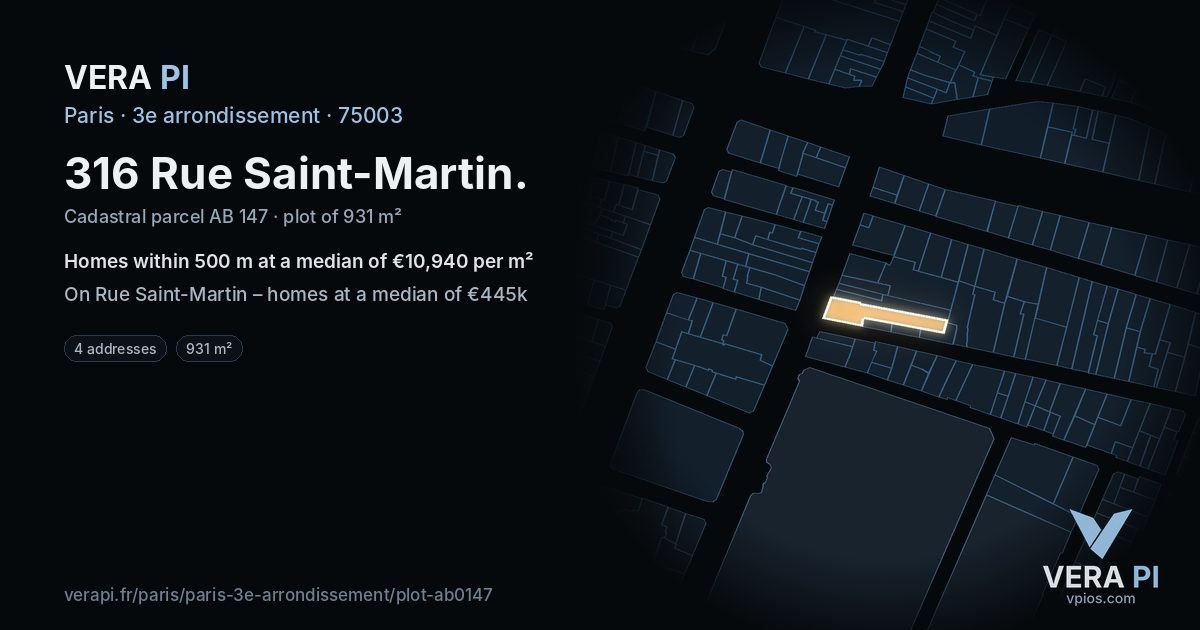316 Rue Saint-Martin, 3e arrondissement at night – the plot lit, the parcels around coloured by the prices near them