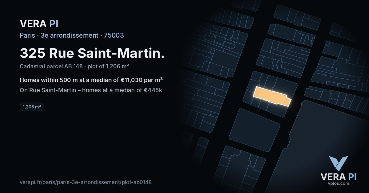 325 Rue Saint-Martin, 3e arrondissement at night – the plot lit, the parcels around coloured by the prices near them