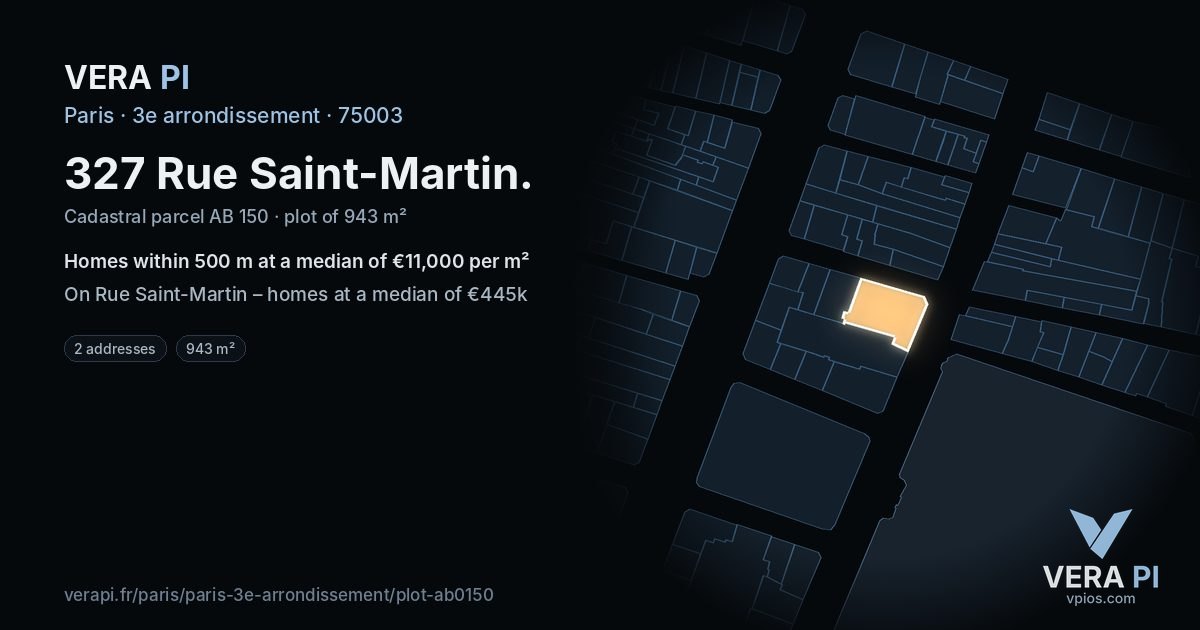 327 Rue Saint-Martin, 3e arrondissement at night – the plot lit, the parcels around coloured by the prices near them