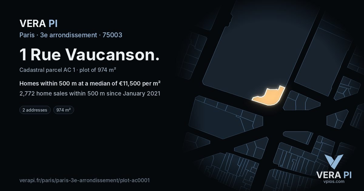 1 Rue Vaucanson, 3e arrondissement at night – the plot lit, the parcels around coloured by the prices near them