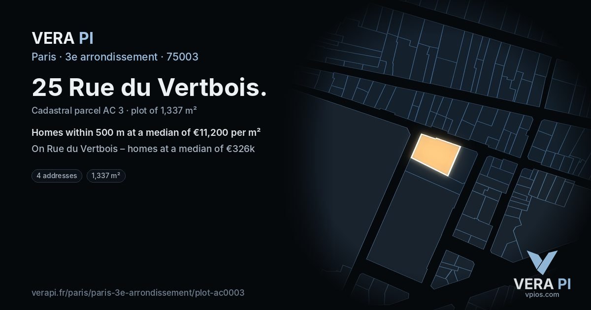25 Rue du Vertbois, 3e arrondissement at night – the plot lit, the parcels around coloured by the prices near them