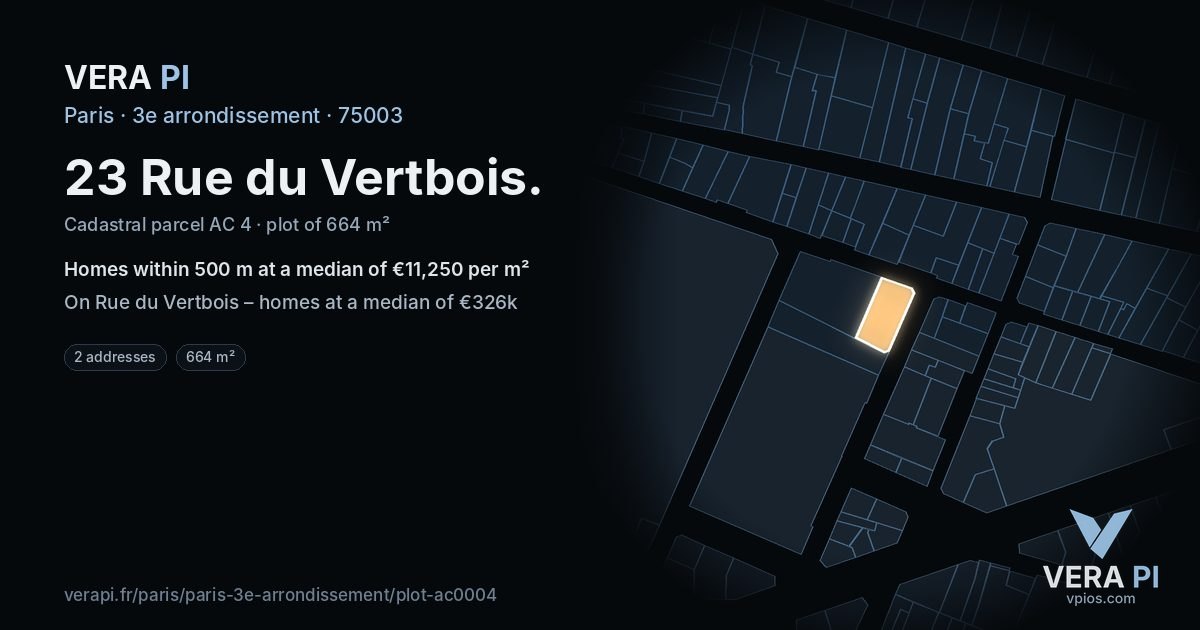 23 Rue du Vertbois, 3e arrondissement at night – the plot lit, the parcels around coloured by the prices near them
