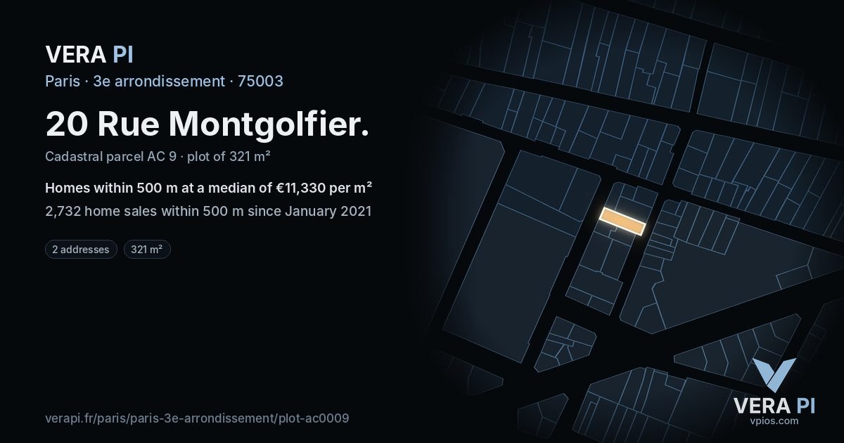 20 Rue Montgolfier, 3e arrondissement at night – the plot lit, the parcels around coloured by the prices near them