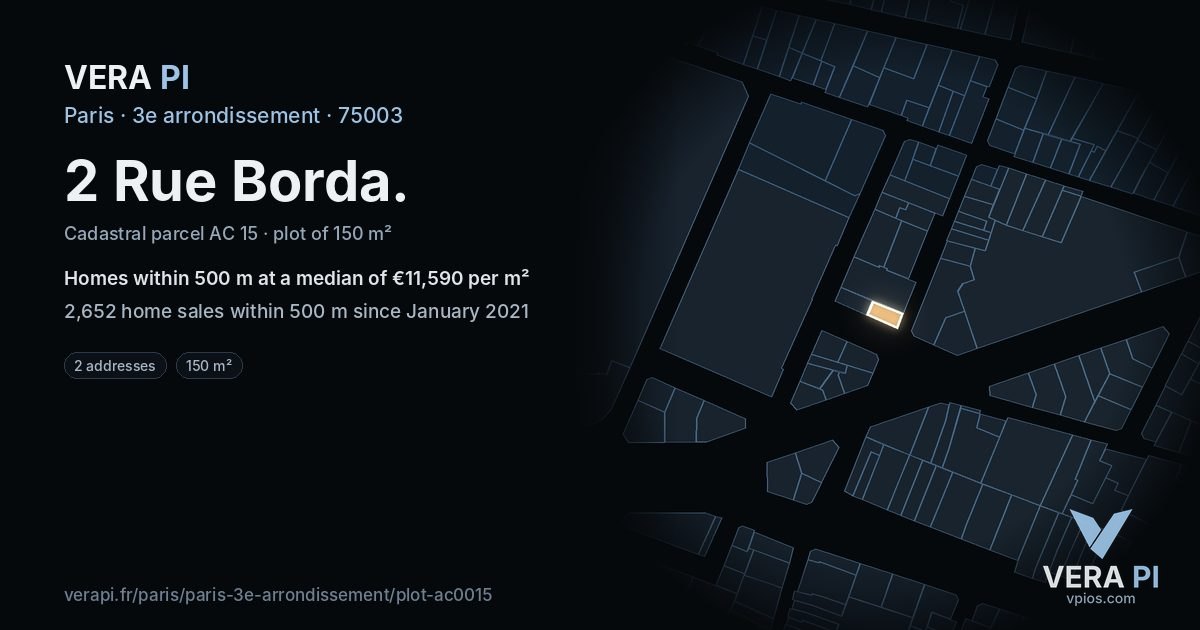 2 Rue Borda, 3e arrondissement at night – the plot lit, the parcels around coloured by the prices near them