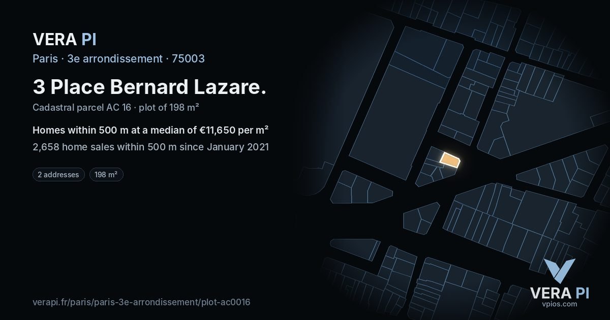 3 Place Bernard Lazare, 3e arrondissement at night – the plot lit, the parcels around coloured by the prices near them